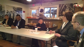 Shown in photo, in a replica of a WWII pilots briefing room at the museum, are (R-L) Assistant Dean for Admissions George Justice, Dean Salkin, Assistant Dean for Development Linda Howard Weissman, West Babylon attorney Larry McCord ’97, a Vietnam vet, and current Touro student and US Navy Lieutenant Alex DePalo.